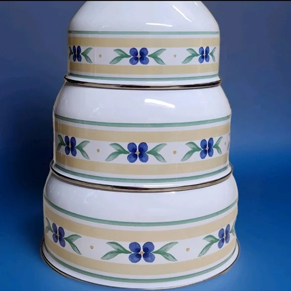 Pfaltzgraff “Summer Breeze” Metal Mixing Bowl Trio | Enamel Nesting Set - Picture 4 of 16